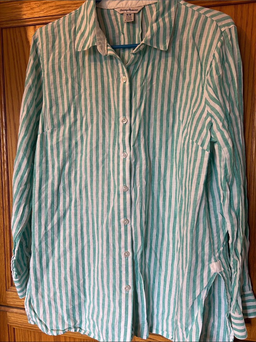 Tommy Bahama Green and White Striped Button-Down Shirt